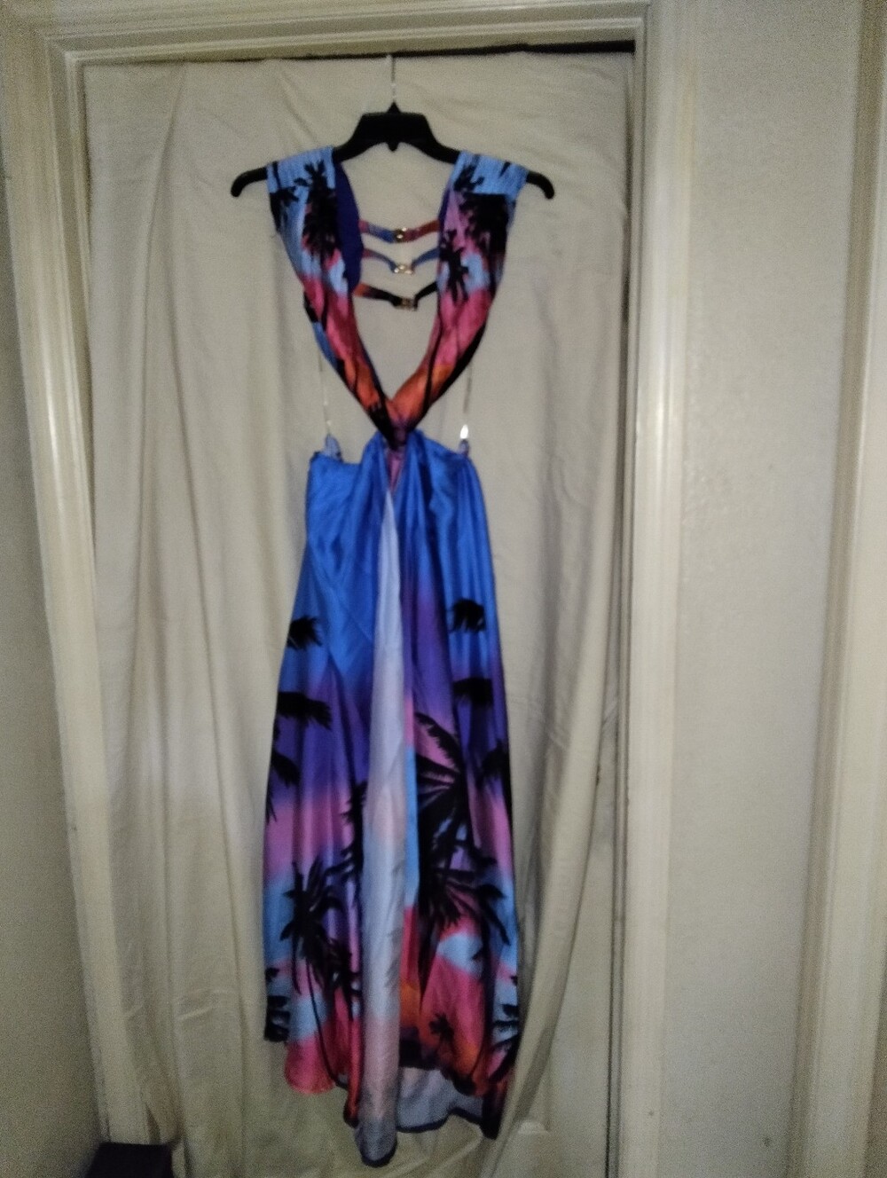 L'ATISTE Blue Pink Purple Tropical Palm Maxi Dress